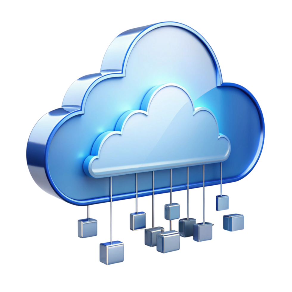 3D blue cloud storage icon representing digital data storage, networking, and cloud computing on Transparent Background png