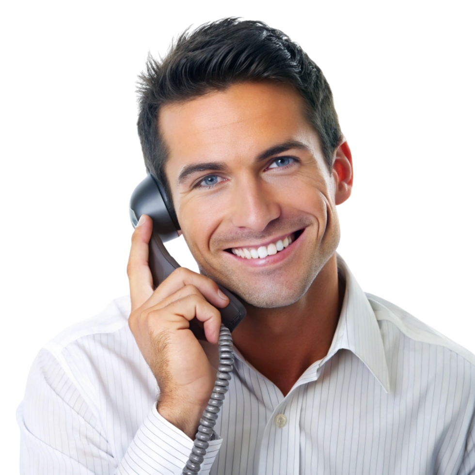 Smiling professional talking on the phone, representing customer service, communication, and business interaction concepts png