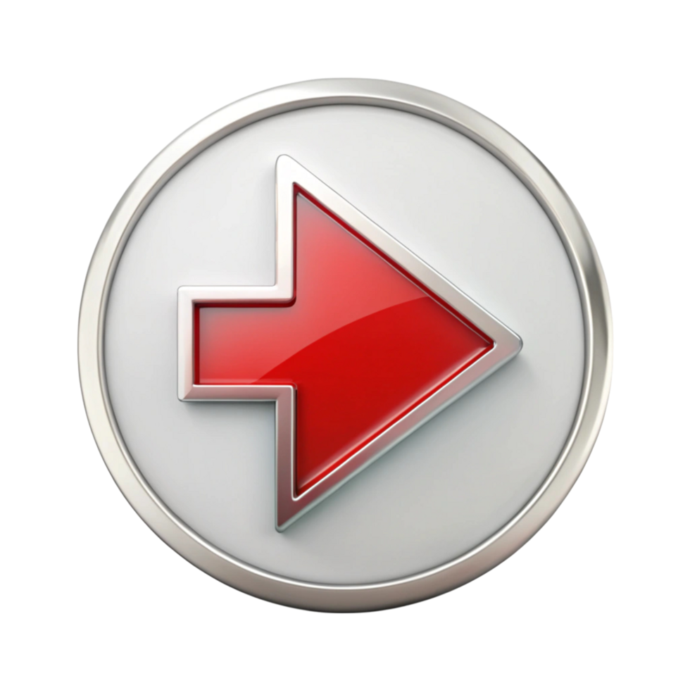 Red arrow button icon with forward direction, glossy 3D style for multimedia or navigation on Transparent Background png