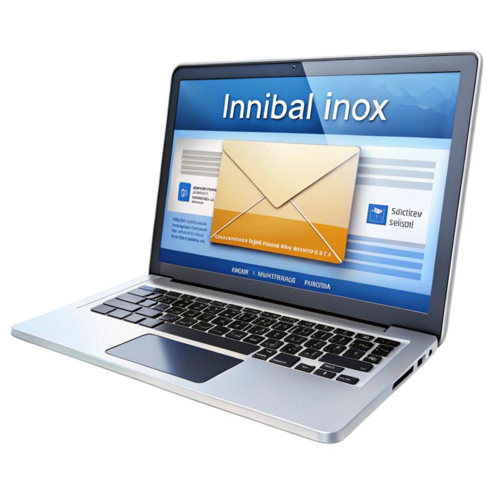 Laptop showing email inbox with organized messages and colorful envelope icons on a Transparent Background png