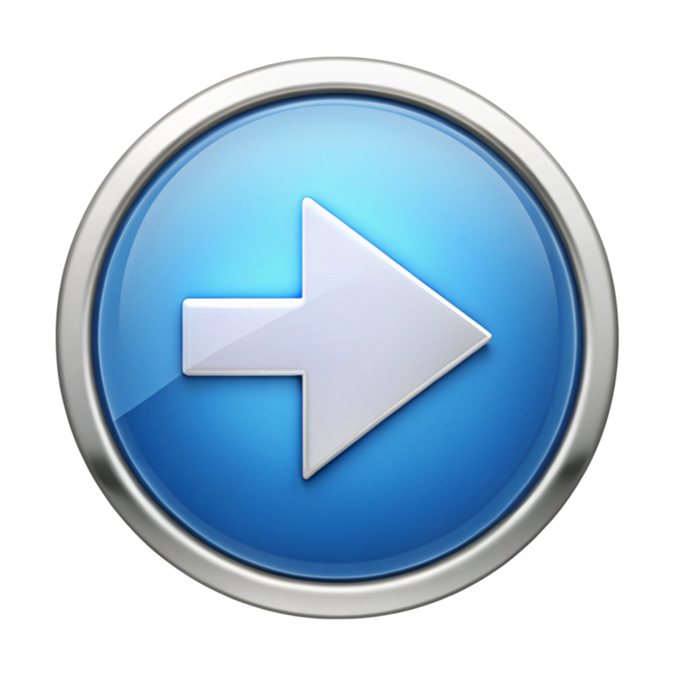 Glossy blue forward arrow icon with round metallic edge, ideal for multimedia, UI, or navigation on white png