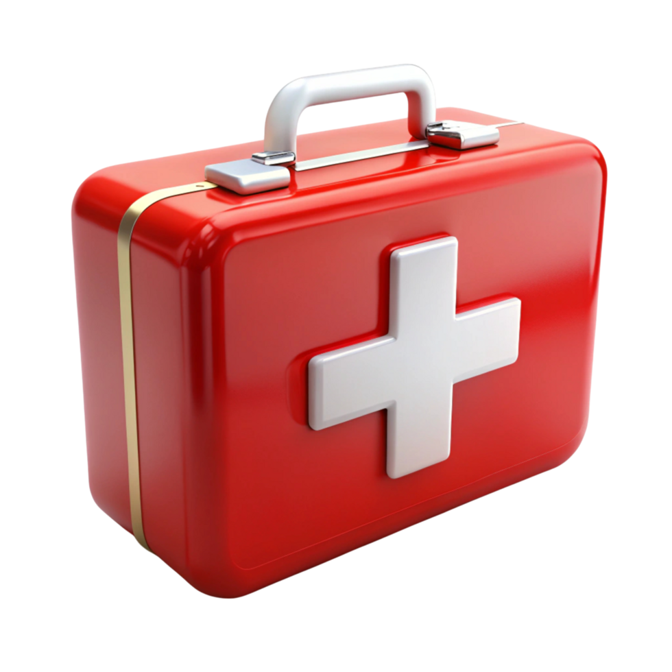 3D rendered red first aid box with white cross symbol, representing healthcare and emergency response png