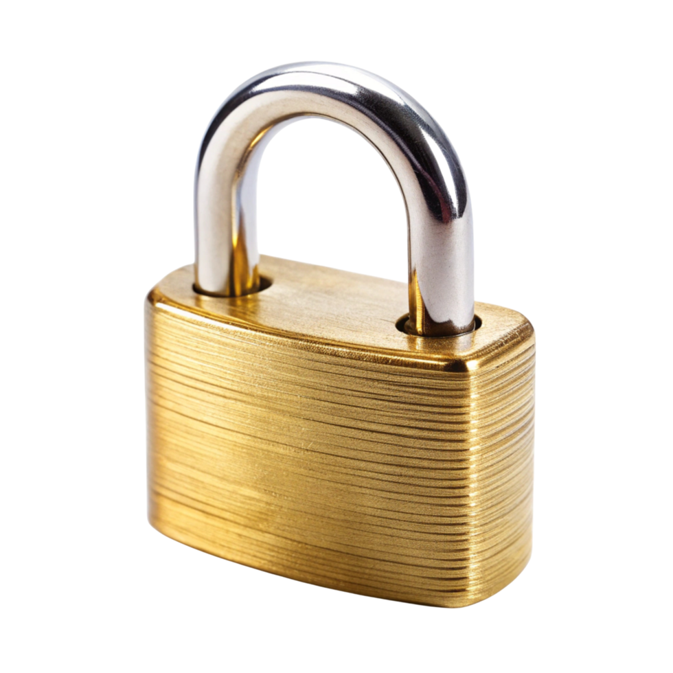 High quality golden padlock on a clean Transparent Background, concept for safety, locking, and protection png