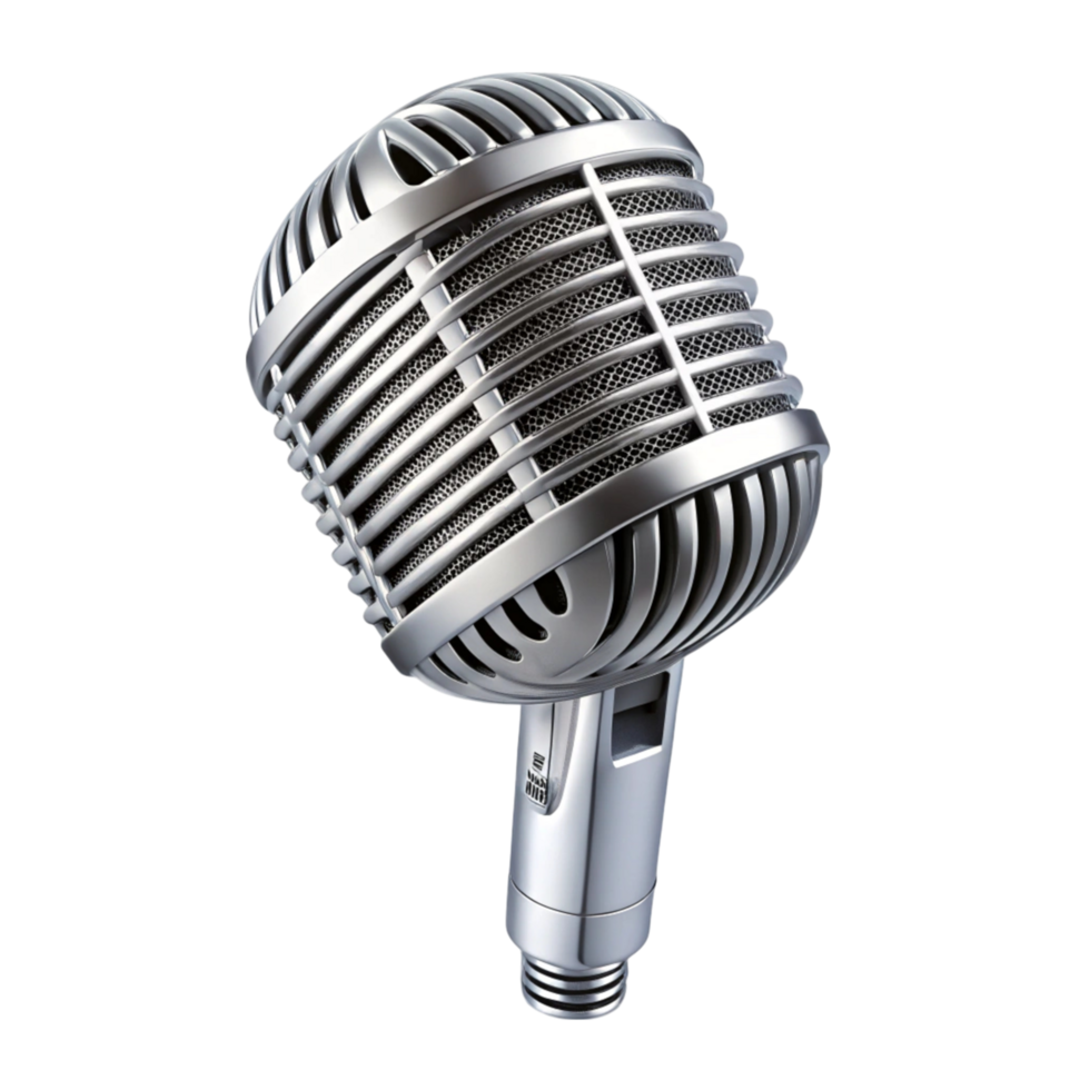 Close up of classic handheld microphone isolated on white, suitable for audio recording, podcasting, and music performance png