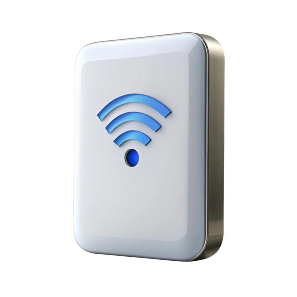 Mobile Wi Fi hotspot device with blue wireless signal icon on sleek white casing, portable internet connection concept png