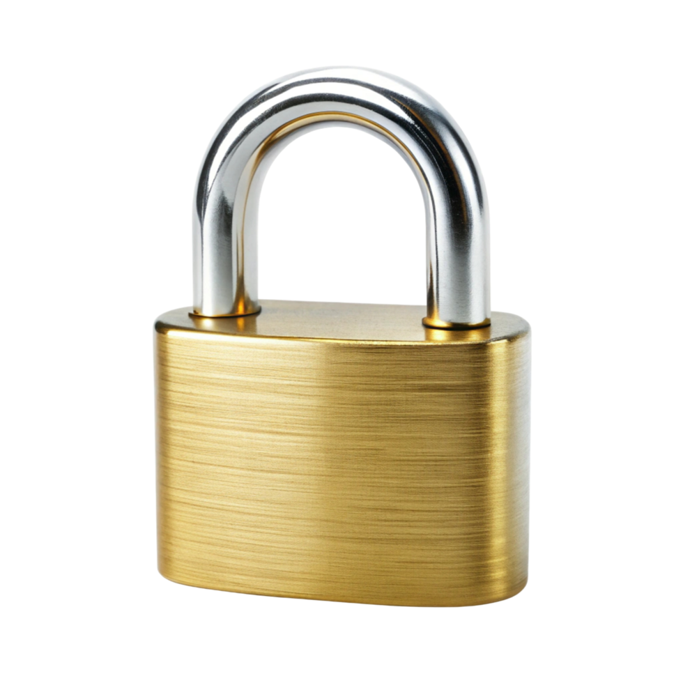 Close up of golden padlock with steel shackle, representing security, access control, and privacy png