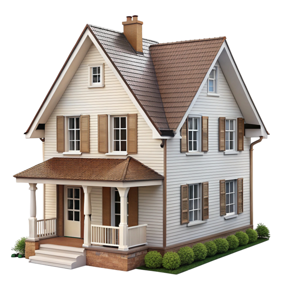 3D render of a suburban house with red roof and decorative windows, isolated on Transparent Background for real estate and housing png