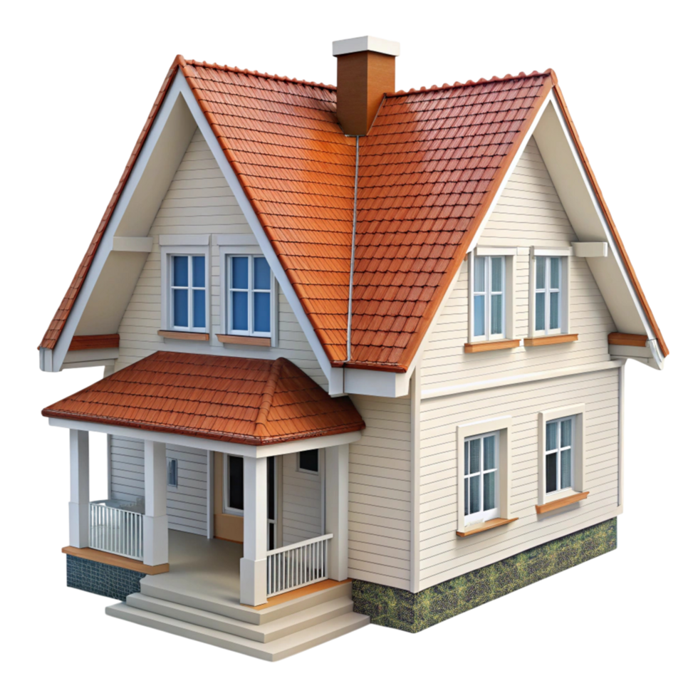 Traditional house with red tiled roof, white siding, and porch, isolated on Transparent Background, concept of home architecture png