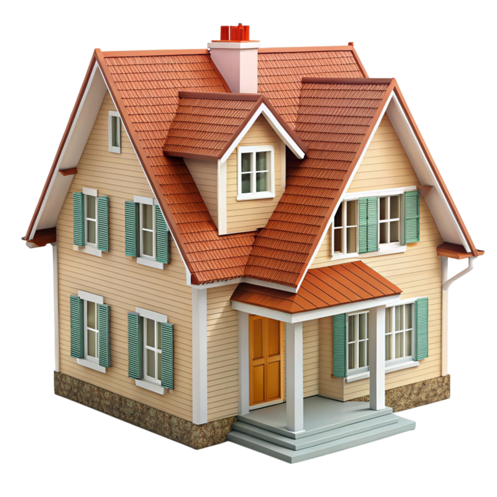 Beautiful detached house with traditional design, red tile roof, and front porch, isolated on clean Transparent Background png