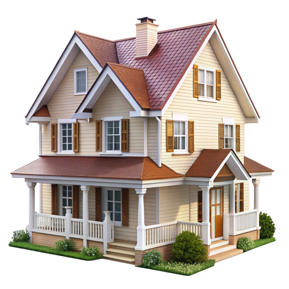 Classic two story family house with red roof and detailed porch, isolated on white, symbolizing residential architecture png