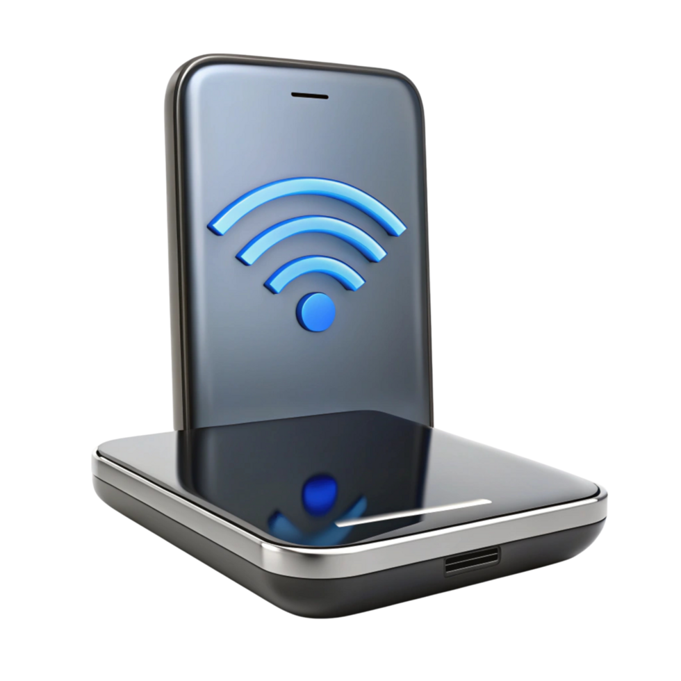 Modern portable hotspot device featuring Wi Fi signal icon in blue, isolated on Transparent Background for internet connection png