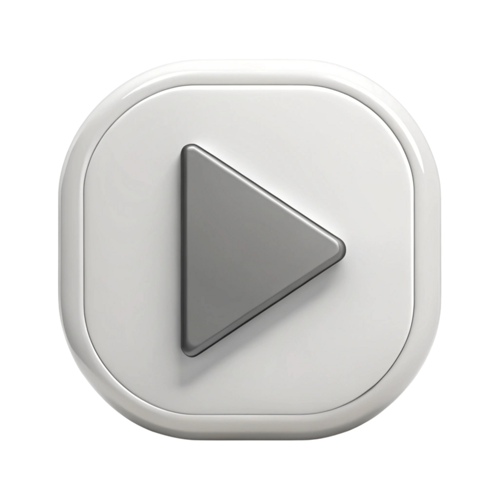 3D play button symbol icon with a metallic finish and triangular play sign, isolated on a plain white background png