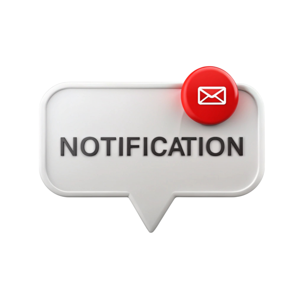 Notification alert icon with message symbol in red circle on minimalist Transparent Background, isolated notification symbol png