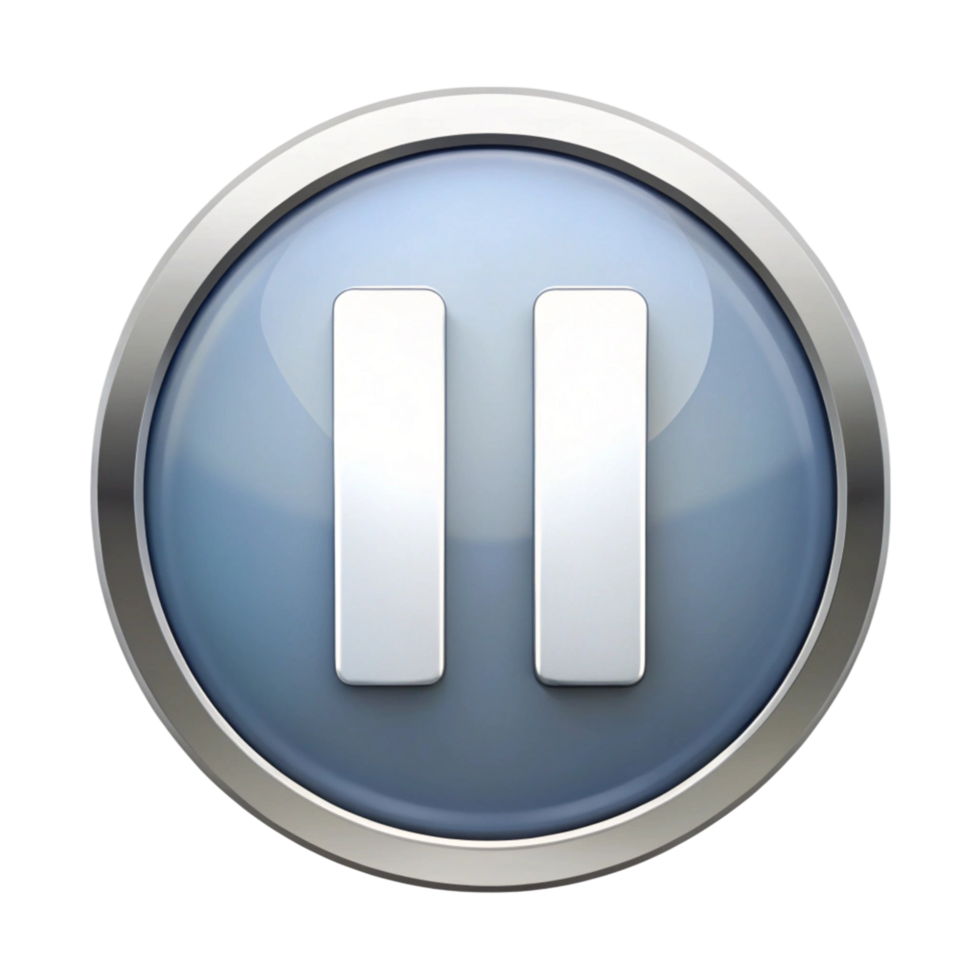 Minimalist white background icon of a circular pause button with metallic and glossy finish png