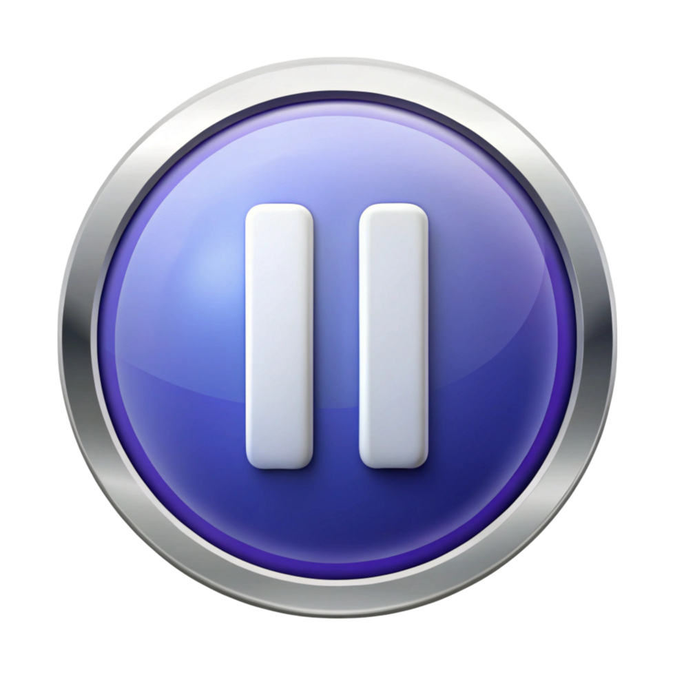 3D rendered pause icon button with silver rim on a plain white background for multimedia applications png