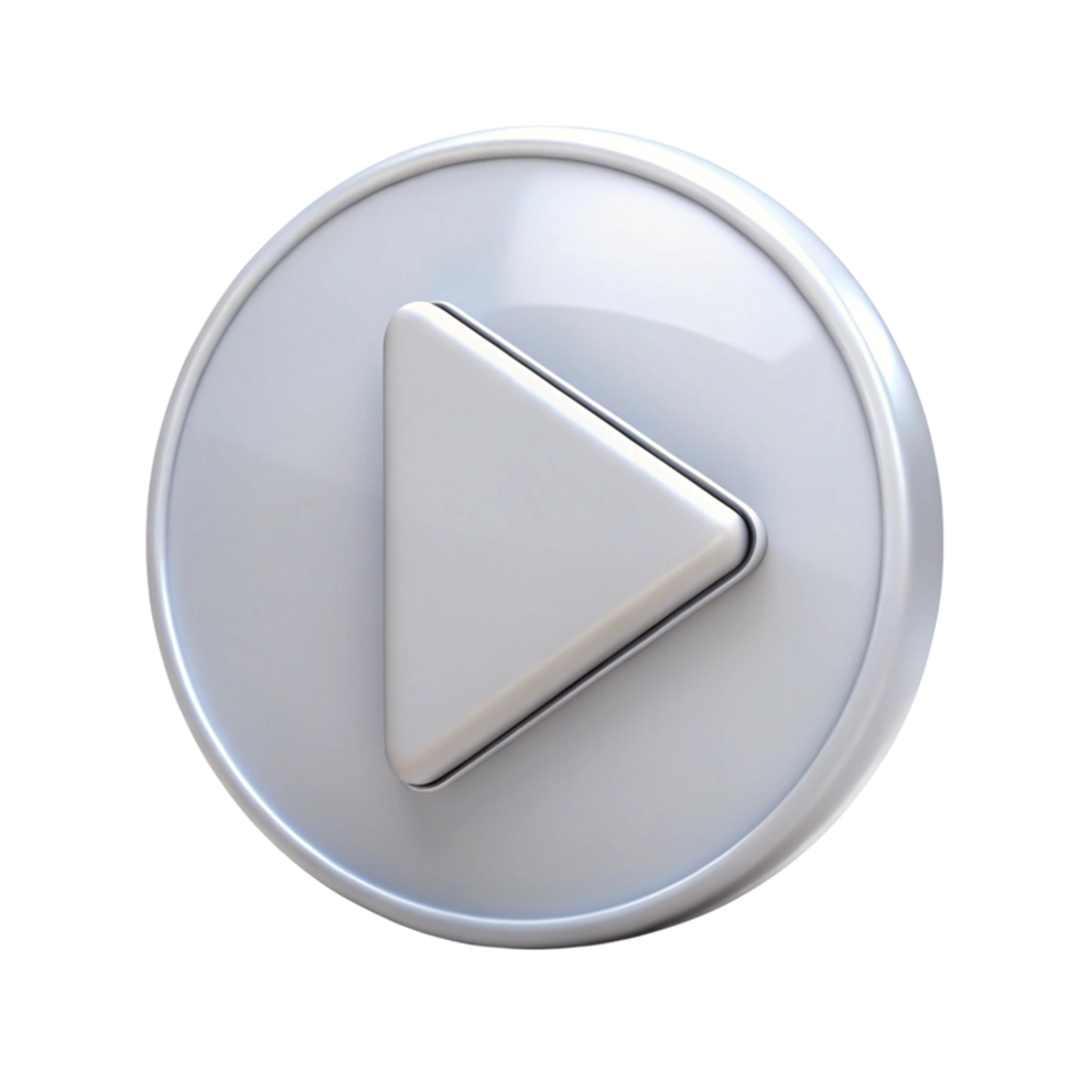 Minimalist round play button icon with a gray triangle symbol in a white background and metallic frame png
