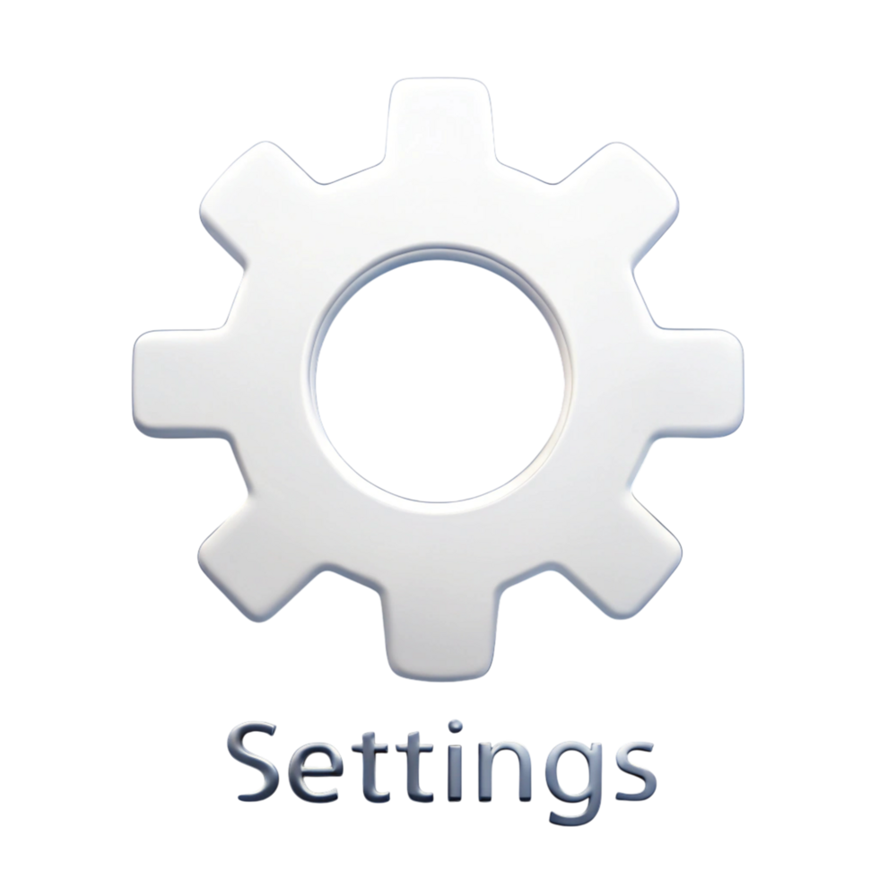 Digital settings icon in white with gear design, isolated on a Transparent Background for application setup and system options png