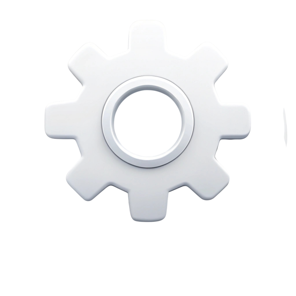 3D settings gear icon in minimalist white design, isolated on a Transparent Background, representing system and app configuration png