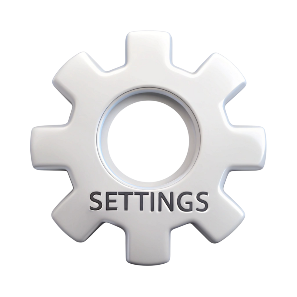 Modern white gear icon with Settings text on a Transparent Background, ideal for technology and configuration concepts png
