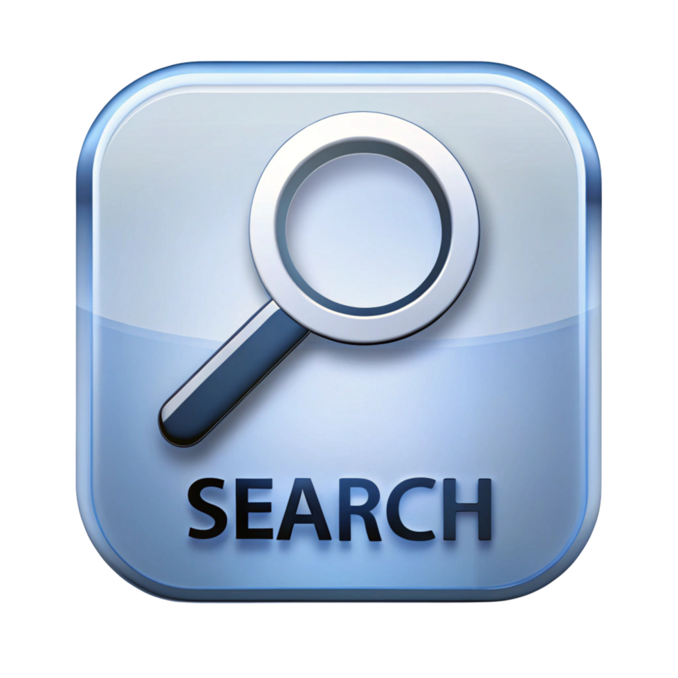 Digital search icon with magnifying glass in a blue button style, ideal for technology and internet search themes png