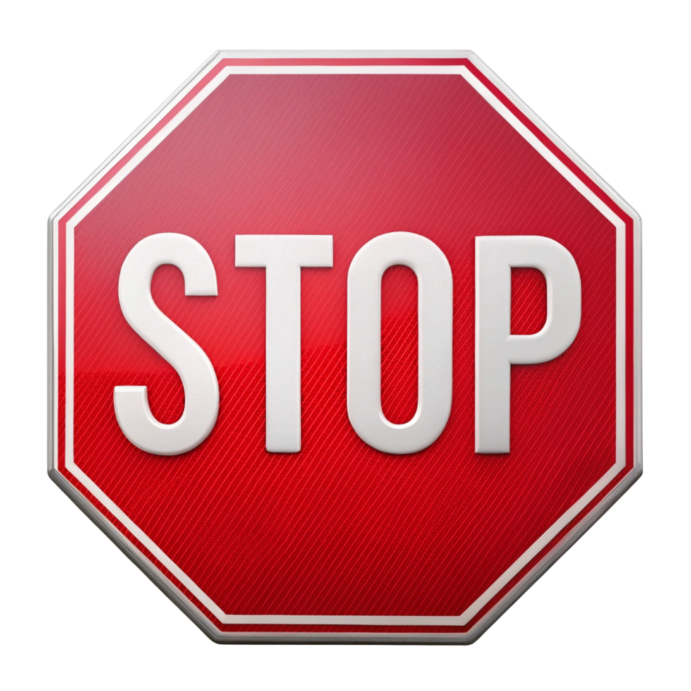 Classic stop sign in bright red with white text, representing traffic regulations and stopping points on a clean background png