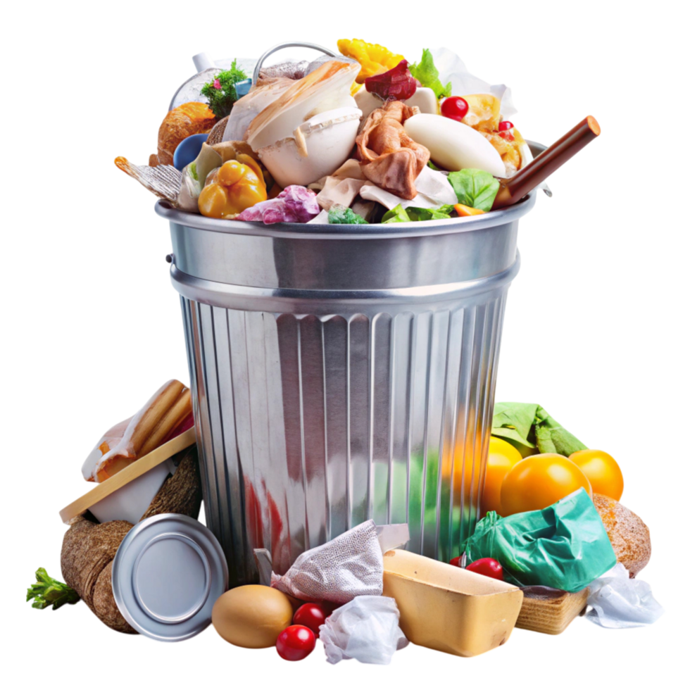 Full garbage can with diverse trash items like food scraps, paper, and bottles, highlighting waste and pollution concepts png
