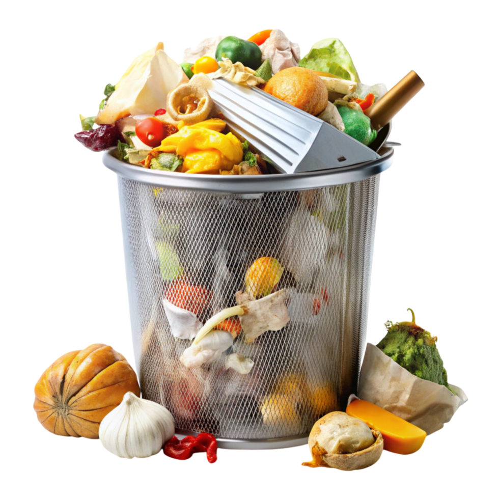 Overflowing trash can with food waste, plastic, and paper items, representing wastefulness and recycling challenges png