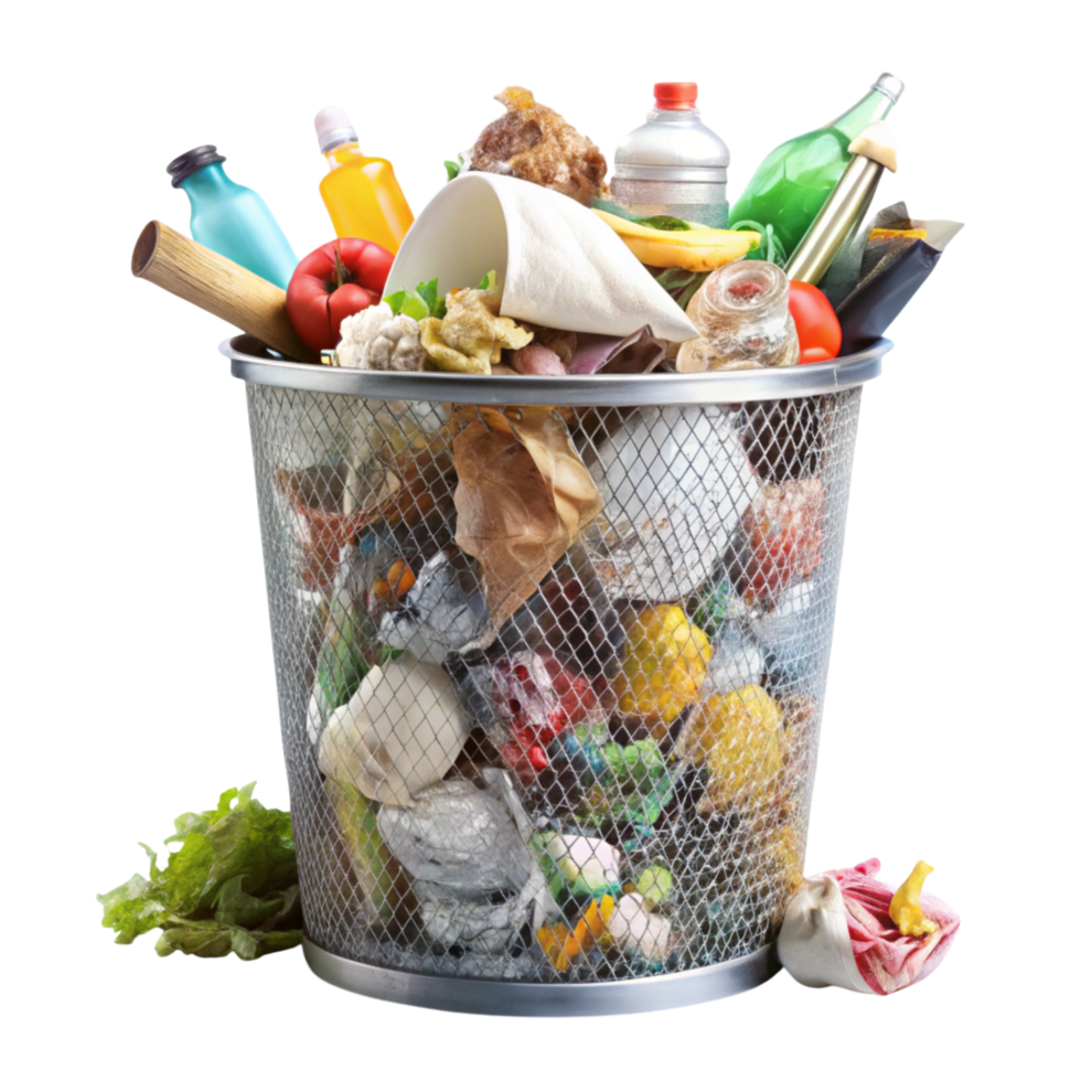 Close up of a trash bin brimming with waste materials, symbolizing garbage management and environmental impact png