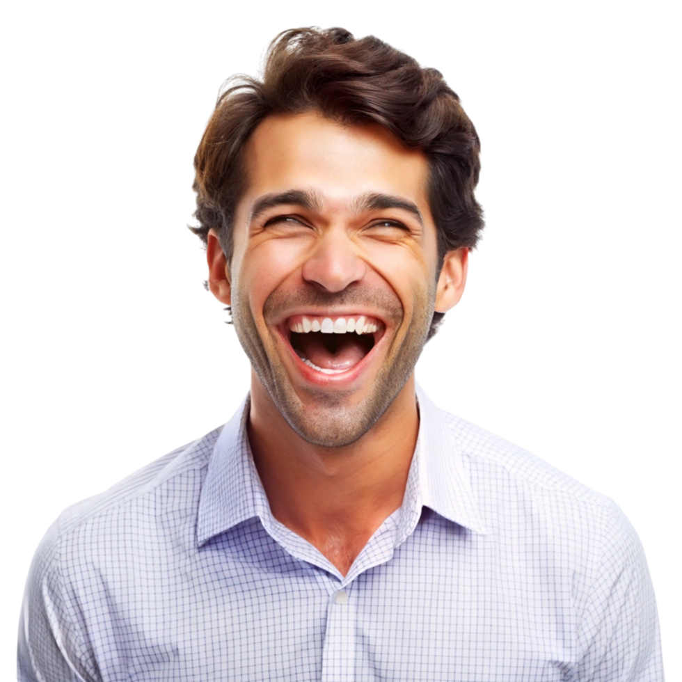 Cheerful man with a wide smile and laughing eyes, isolated on Transparent Background, perfect for expressing joy and fun png