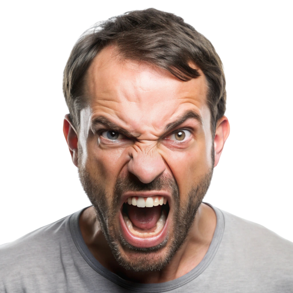 Furious man screaming with anger, isolated on Transparent Background, displaying rage and frustration in an intense expression png