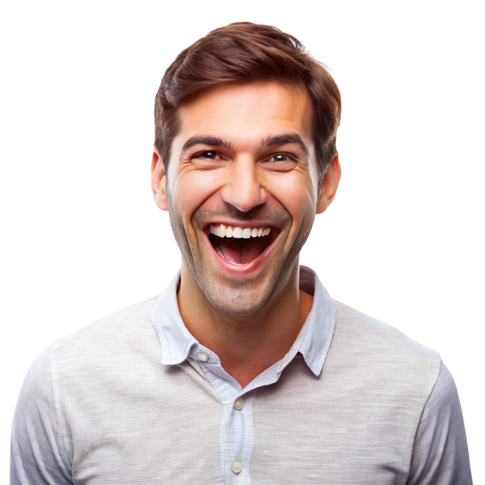 Joyful man laughing with an open smile, isolated on Transparent Background, showing happiness and genuine amusement png