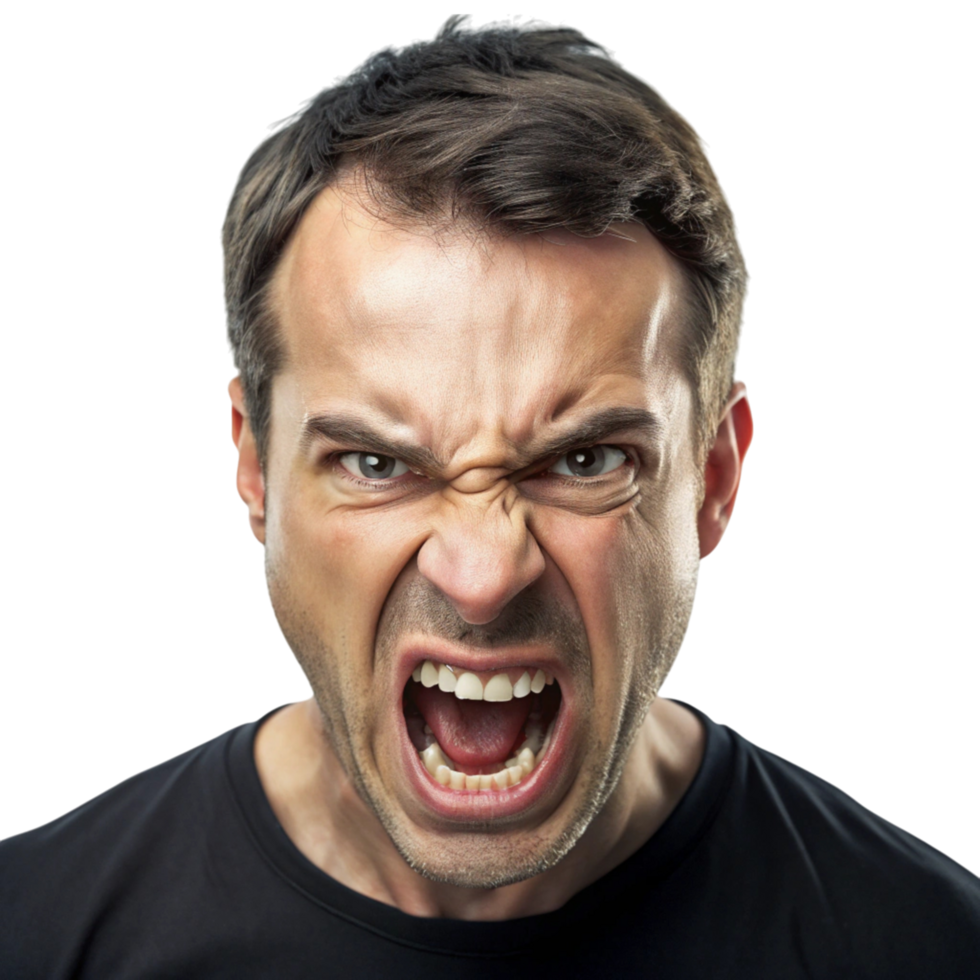 Enraged man with his face contorted in fury, shouting with intense emotion, isolated on Transparent Background, symbolizing aggression png