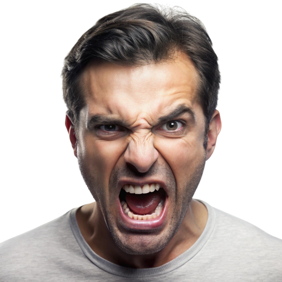 Angry man with a fierce expression, shouting in frustration, isolated on Transparent Background, perfect for anger related concepts png