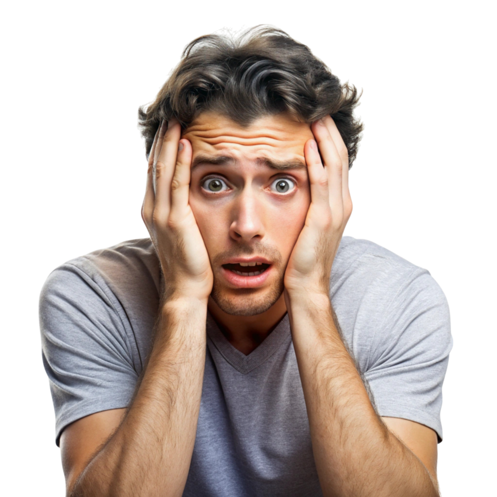 Anxious man with hands on face, isolated on Transparent Background, showing fear and worry, perfect for stress and anxiety themes png