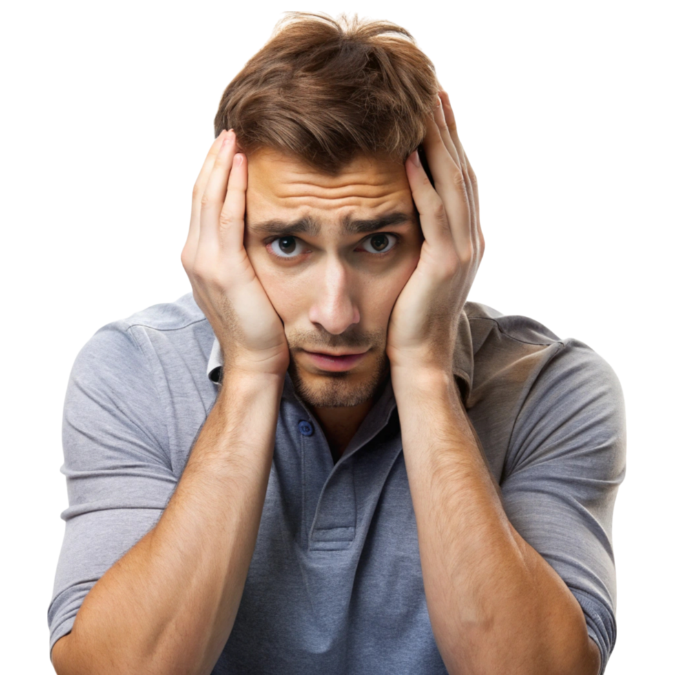Worried man with a fearful expression, clutching his head in anxiety, isolated on Transparent Background, symbolizing mental strain png