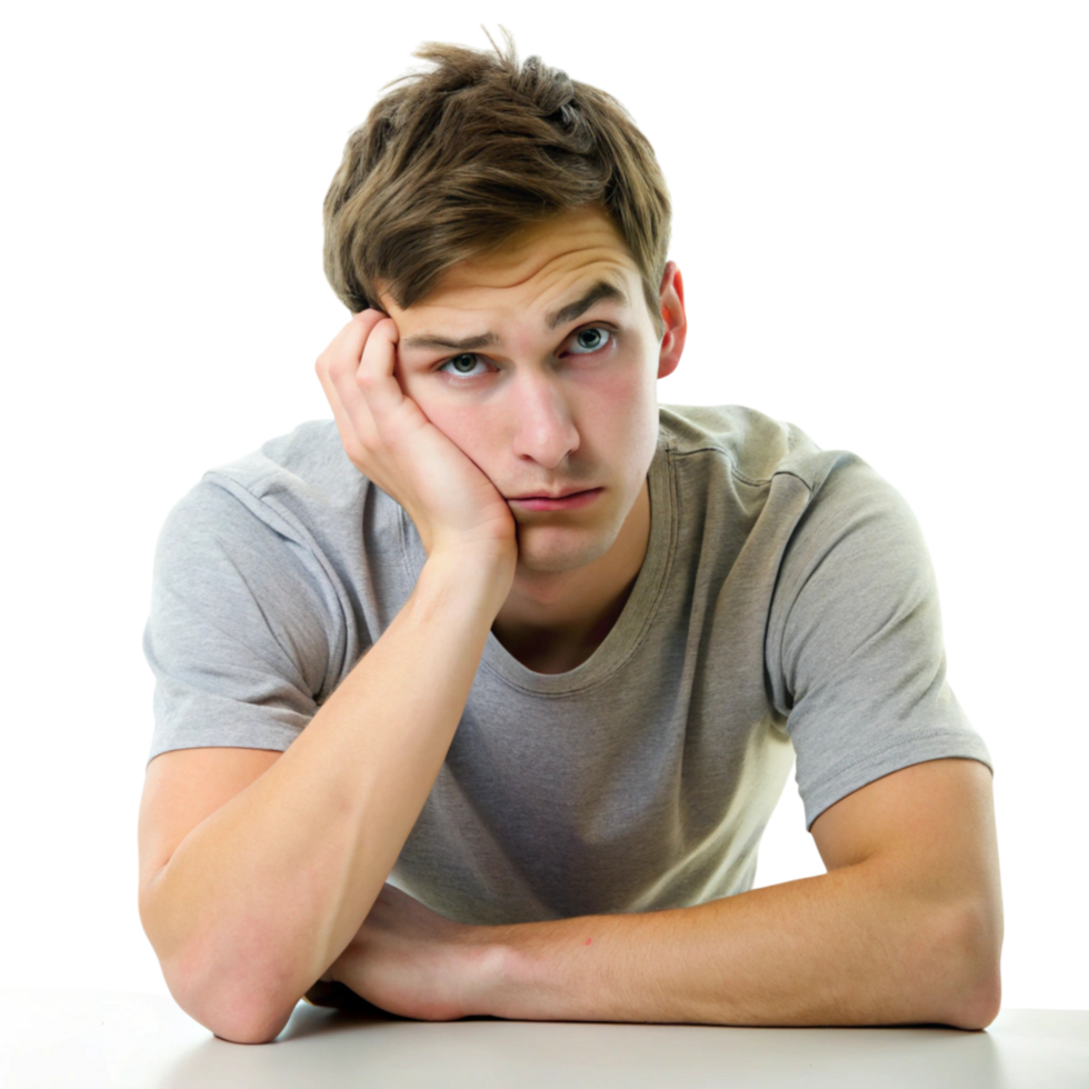 Tired man with a bored expression, leaning on his hands, perfect for concepts of boredom, waiting, or fatigue png
