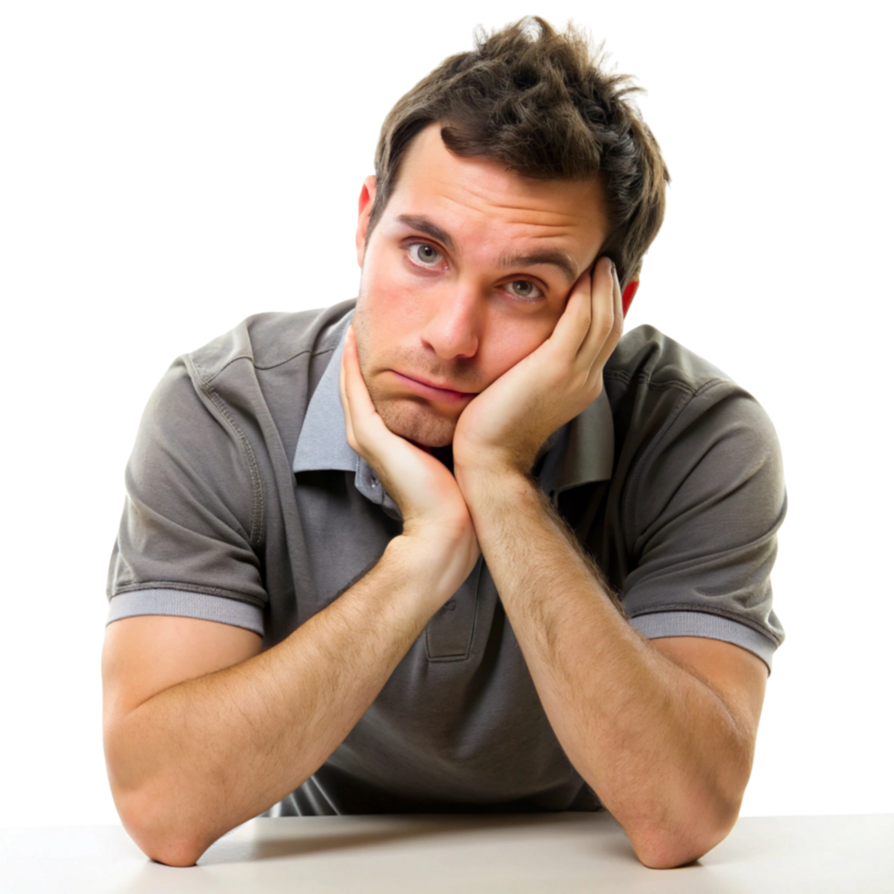 Bored young man resting his face on his hands, expressing disinterest and fatigue, isolated on Transparent Background png