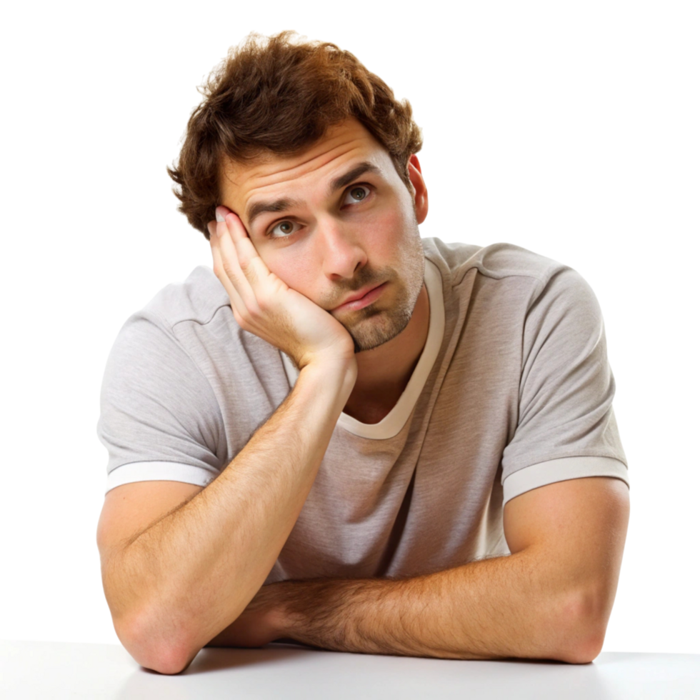 Disinterested young man with a bored look, isolated on Transparent Background, symbolizing impatience and lack of motivation png