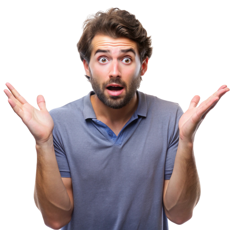 Surprised man with open arms expressing confusion and disbelief, isolated on Transparent Background, showing shock and curiosity png
