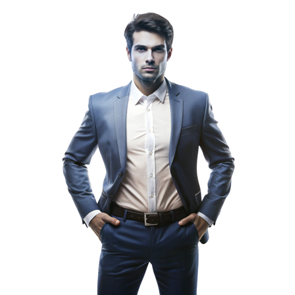 Focused professional man in smart attire with hands on hips, showing leadership, confidence, and determination png