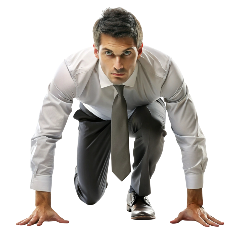 Motivated businessman in a race start position, ready for action, symbolizing ambition, competition, and career drive png