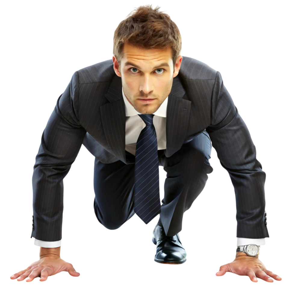 Confident corporate executive in starting position, representing readiness to succeed in a competitive business environment png