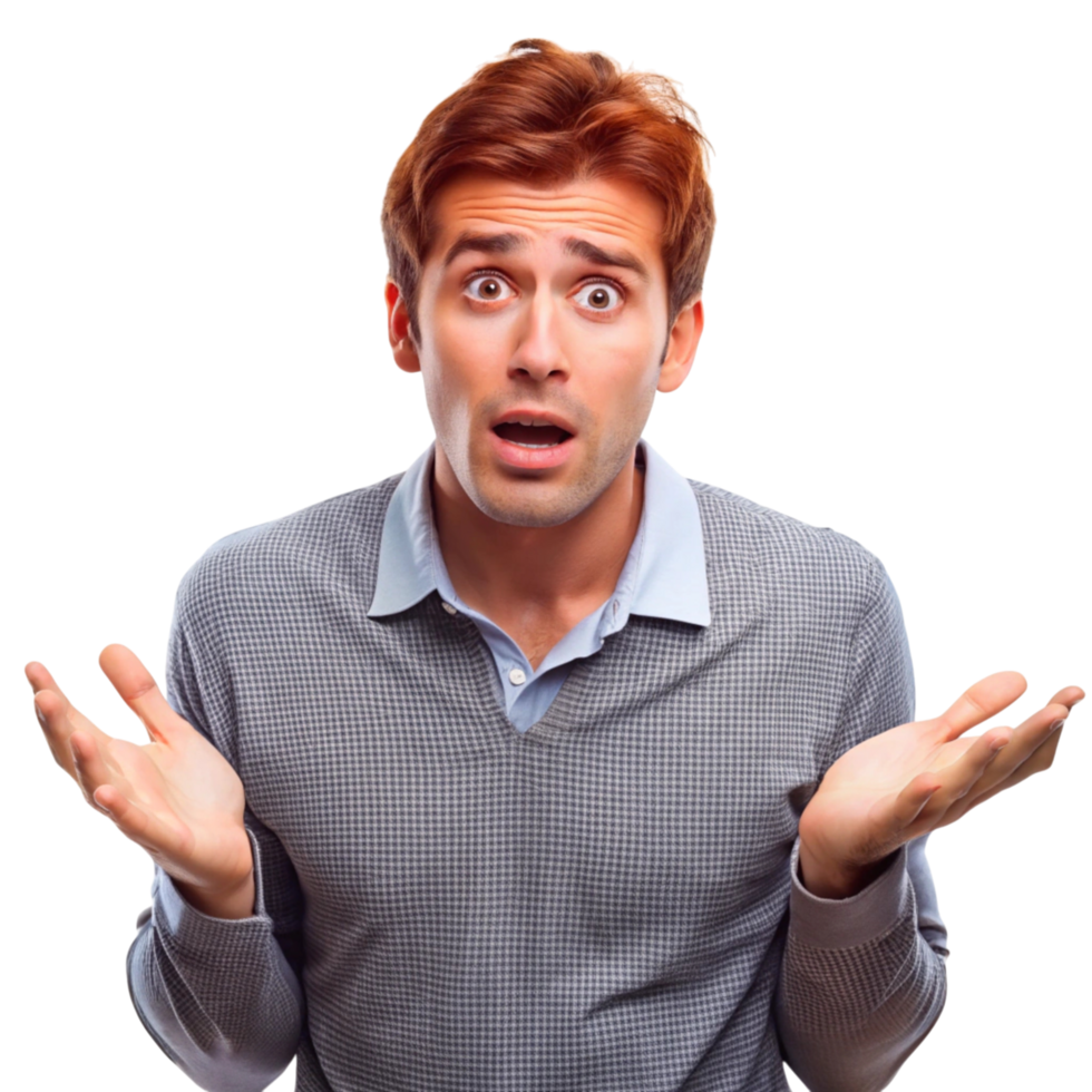 Shocked man with a puzzled expression and hands raised, portraying uncertainty and surprise in a humorous way png