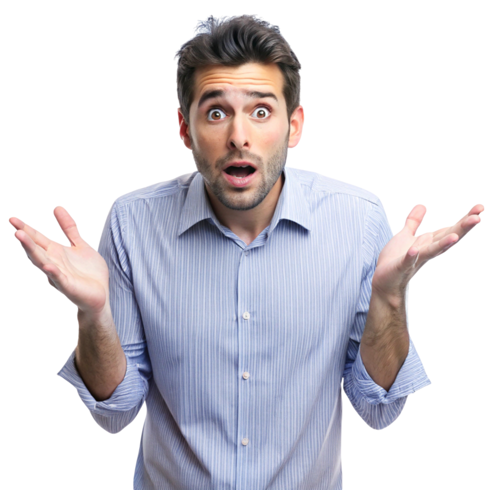 Astonished man with a confused look and open palms, isolated on white, ideal for illustrating confusion and disbelief png