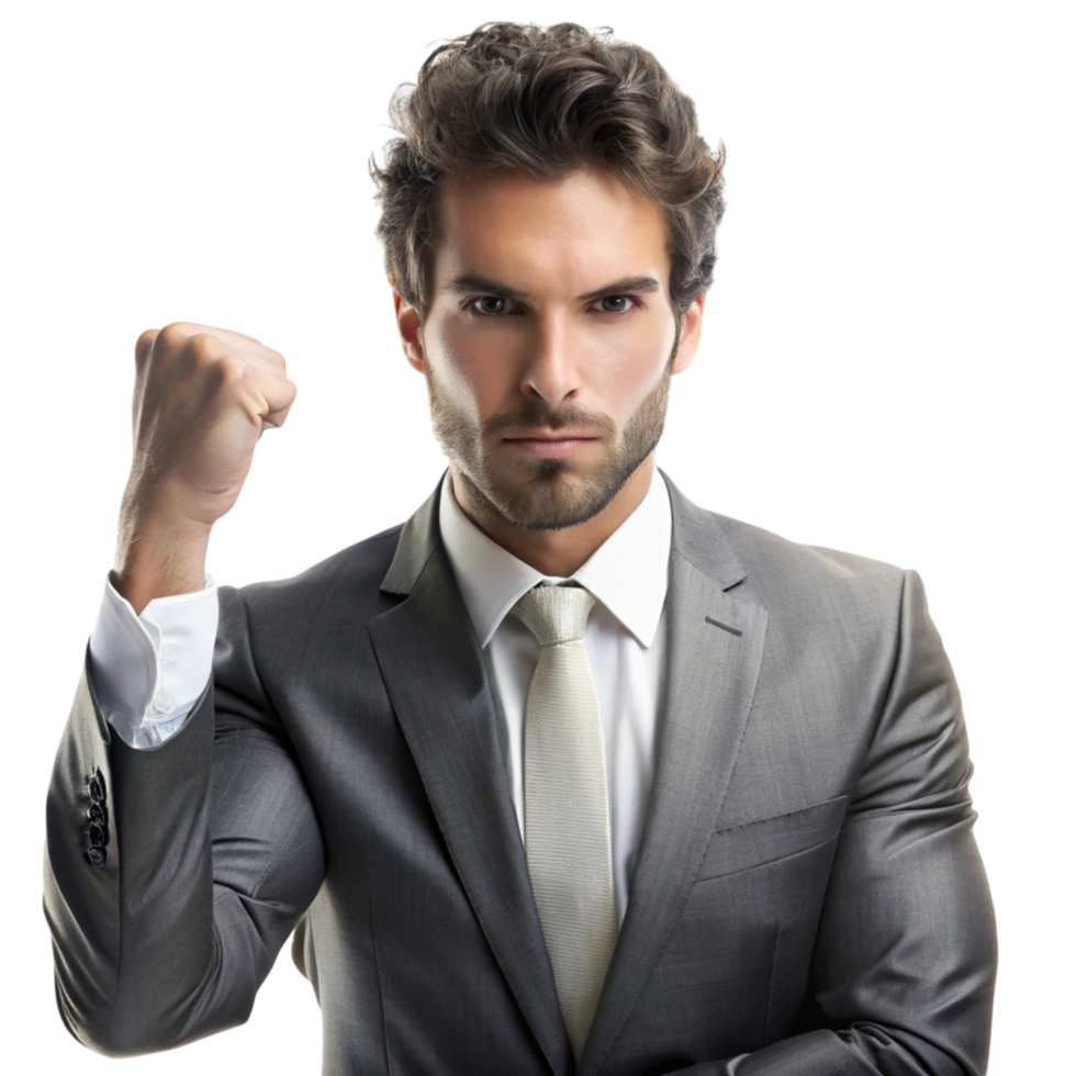 Strong willed businessman raising fist in victory, representing success, motivation, and career achievement png