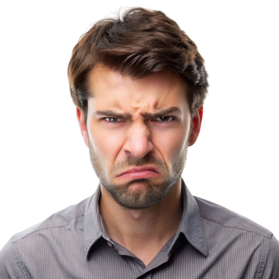 upset and disgusted man with visible facial expressions of displeasure, captured in high resolution png