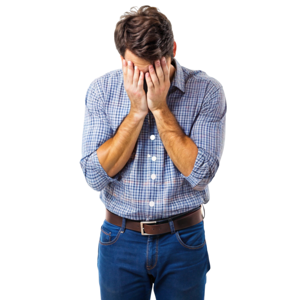 Embarrassed man hiding his face in his hands, expressing shame and regret in a casual outfit against a Transparent Background png