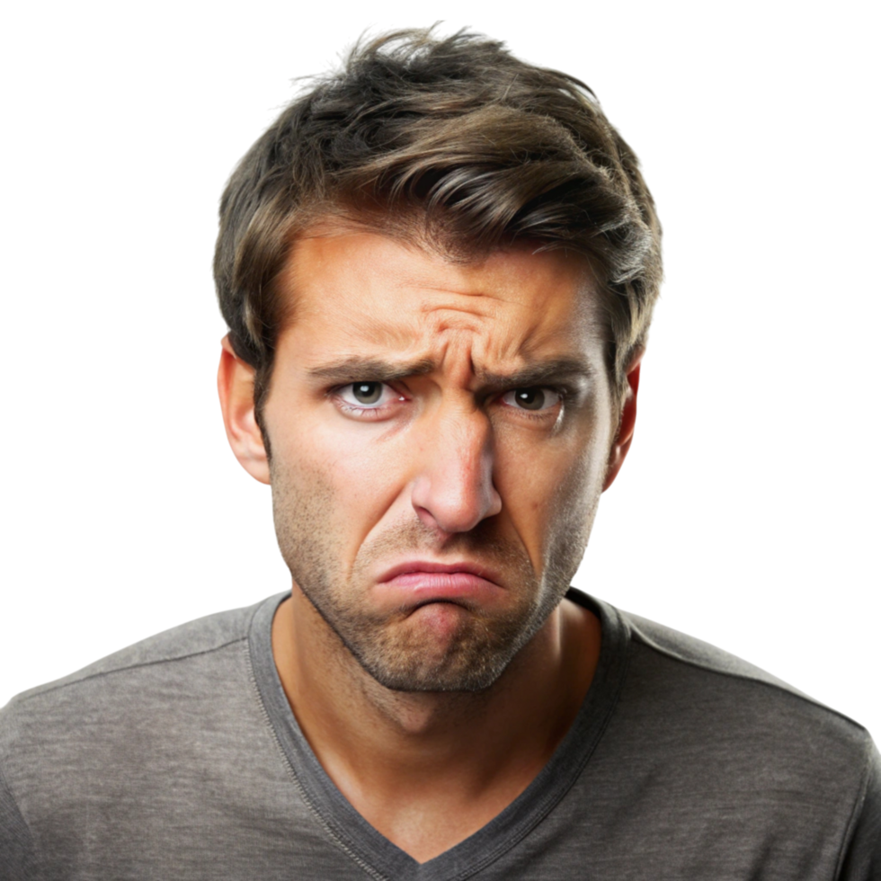 Portrait of young man expressing intense emotions of frustration and anger in casual attire on a Transparent Background png
