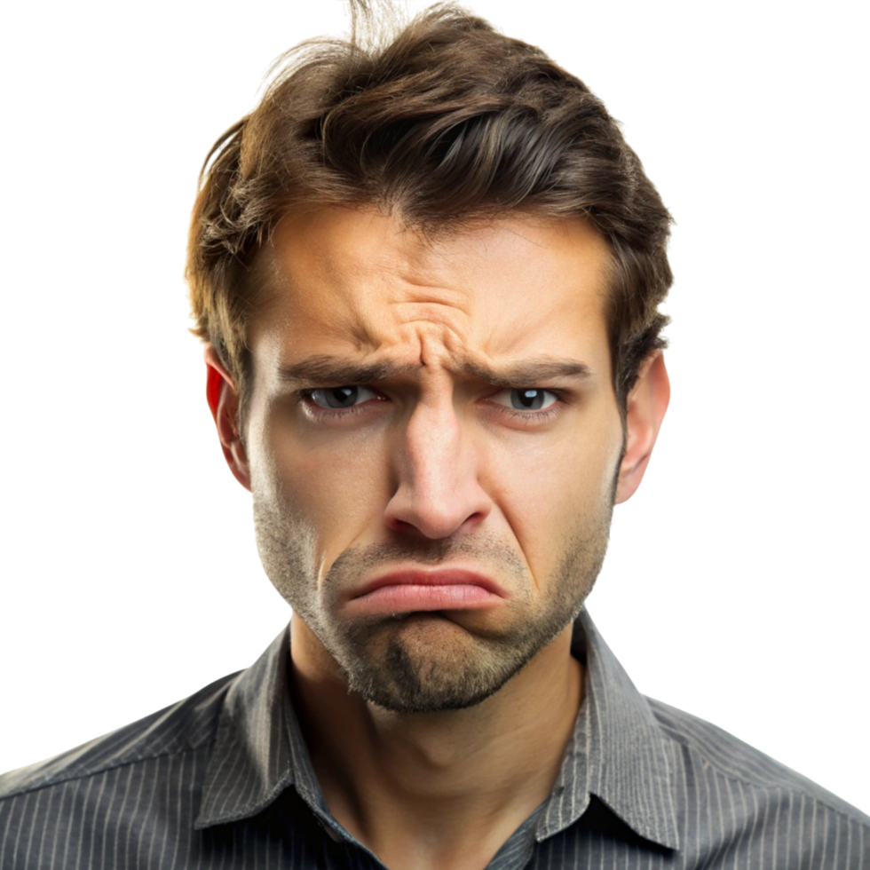 Young man with hands on head, showcasing shock and anger, perfect for illustrating negative emotions or stress png
