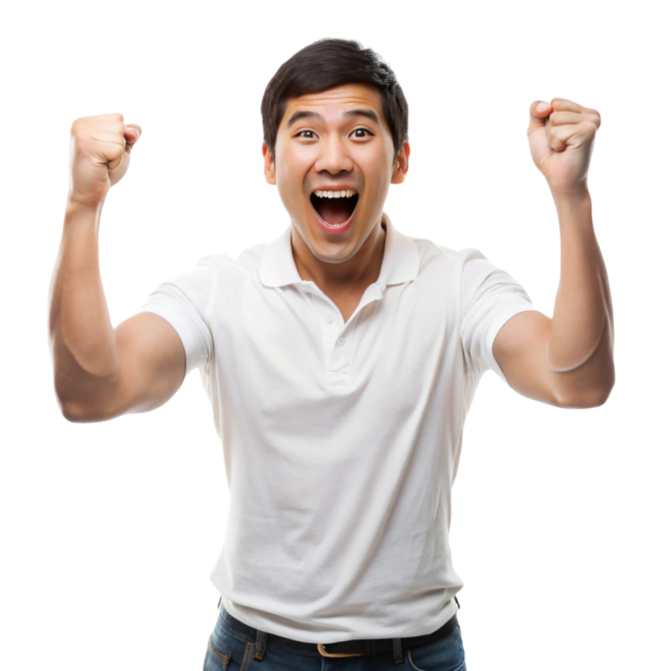 Enthusiastic young man celebrating success with fists raised and an ecstatic expression in Transparent Background png